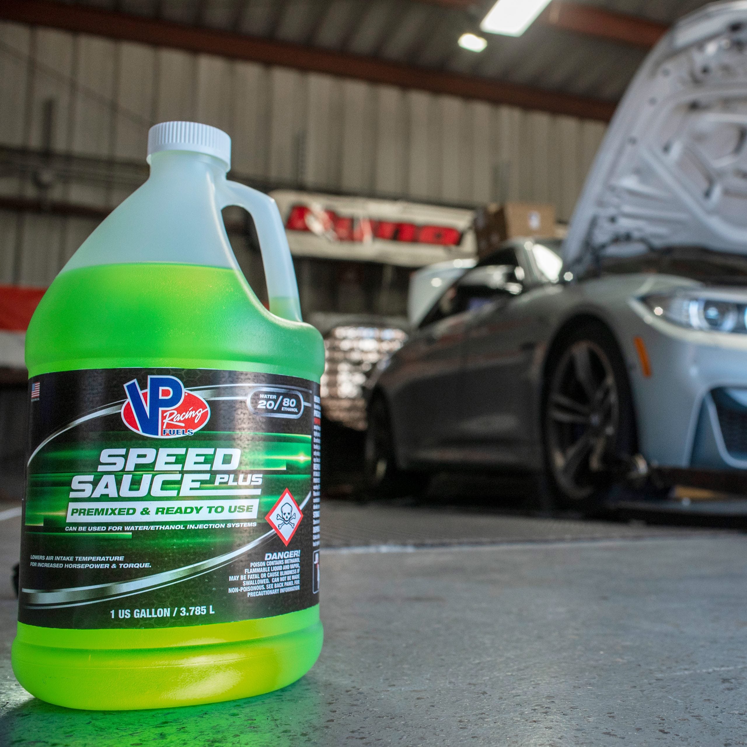 VP Racing Speed Sauce. Water ethanol injection fluid premix. Ready to use out of the bottle. Increases engine torque and power. How to increase engine power? Use VP Racing Speed Sauce in your water injection kits. Perfect for highly boosted cars